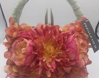 Pedalpatch Pink Flowered Handbag with green velvet leaf backing with flowers