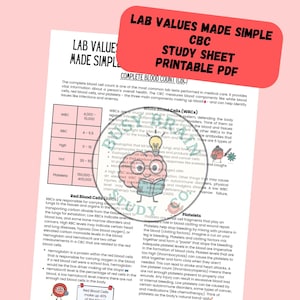 Puede incluir: Una hoja de estudio en PDF imprimible titulada "Lab Values Made Simple CBC" con una descripción general del recuento sanguíneo completo (CBC). La hoja incluye información sobre glóbulos blancos, glóbulos rojos y plaquetas, con rangos normales.