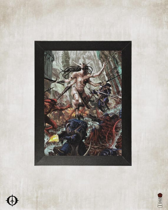 Ultramarines vs. Chaos Daemons - 40K Framed Upcycled Art (7.25x9.25)
