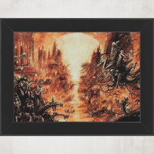 Puede incluir: Una obra de arte enmarcada que representa un paisaje infernal en tonos naranja, rojo y marrón. La escena presenta figuras grotescas, formas esqueléticas y un camino que conduce a una luz brillante. La obra de arte está encerrada en un marco negro.