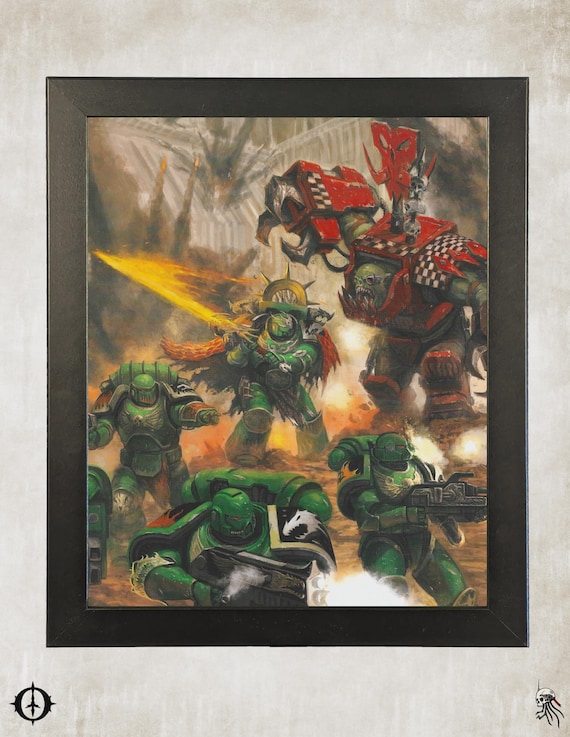 Salamanders vs. Orks - 40k Framed Upcycled Art (9.5x11.5)