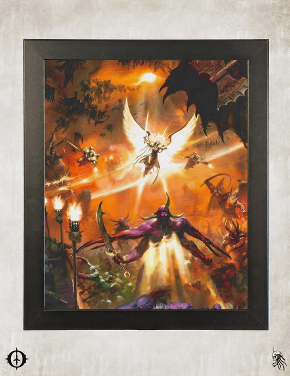 Adepta Sororitas vs. Chaos Daemons - 40k Framed Upcycled Art (9.5x11.5)