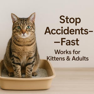May include: A tabby cat sits in a beige litter box filled with gray litter. The cat has green eyes and brown and black stripes. Text on the right reads "Stop Accidents-Fast. Works for Kittens & Adults."