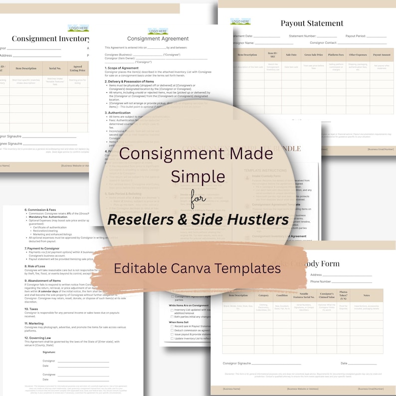 Może przedstawiać: Zbi&oacute;r beżowych i białych formularzy biznesowych, w tym umowa komisowa i inwentaryzacja. Formularze są oznaczone jako "Consignment Made Simple for Resellers & Side Hustlers" i "Editable Canva Templates".