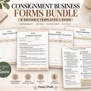 Ensemble de formulaires pour la vente en consignation | Modèles modifiables de contrat, d'admission, d'inventaire et de paiement (téléchargements numériques)