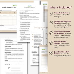 Może przedstawiać: Zestaw szablon&oacute;w um&oacute;w komisowych, w tym lista inwentaryzacyjna, formularz przyjęcia i zestawienie wypłat. Dokumenty są wydrukowane na kremowym papierze o minimalistycznym designie. Widoczny jest tekst "What's Included?"