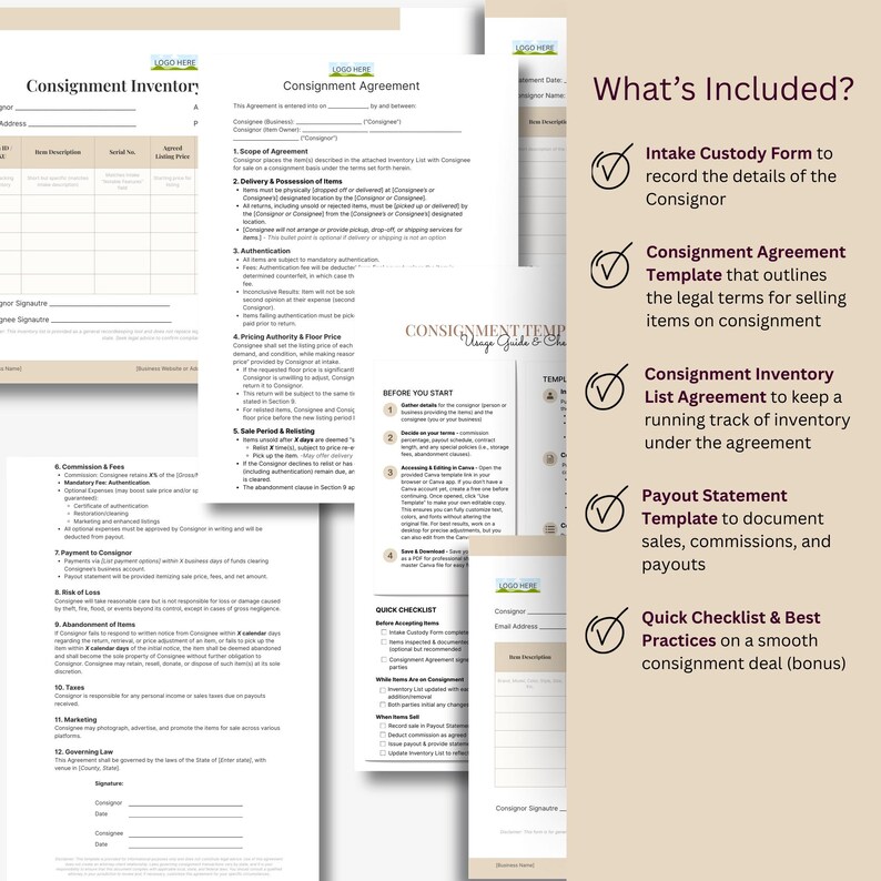Może przedstawiać: Zestaw szablon&oacute;w um&oacute;w komisowych, w tym lista inwentaryzacyjna, formularz przyjęcia i zestawienie wypłat. Dokumenty są wydrukowane na kremowym papierze o minimalistycznym designie. Widoczny jest tekst "What's Included?"