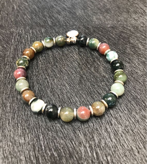 Mens Indian Agate Beaded Necklace with Sterling Silver