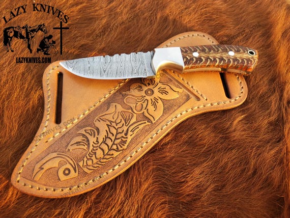 Handmade Damascus Steel Cowboy Knife with Leather Cross Draw Sheath
