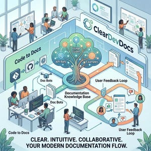May include: An illustrated diagram with the text "ClearDevDocs" and "Code to Docs" and "User Feedback Loop". The diagram shows a tree with "API Refs", "Usage Guides", and "Examples" as branches, and people working on computers.