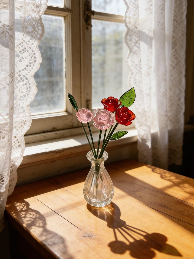 Handmade Glass Birthday Flowers, Red and Pink Glass Roses, Suitable as ...