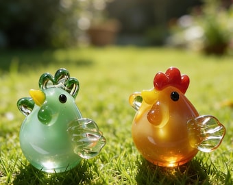 A peculiarly shaped glass Gugu chicken figurine, a tabletop figurine