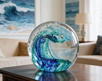 Handgemaakt golfornament van gesmolten glas, uniek bureaupresse-papier