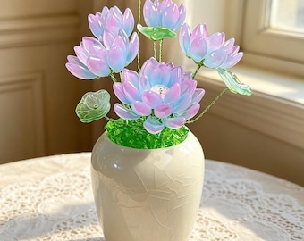 Macetas de vidrio hechas a mano, flores de vidrio artísticas con forma de loto, regalo para el Día de la Madre, flores que duran para siempre, regalo para parejas