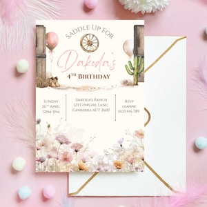 Western Cowgirl Birthday Invitation: Watercolor Party Invite (Digital Download, Editable Template, 5x7 inches)