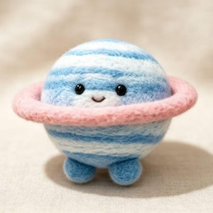 May include: A handmade felt planet toy with a smiling face. The planet is blue and white striped with a pink ring around it. It has three small blue feet. A cute and whimsical decorative item.