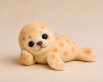Needle Felted Spotted Seal Pup Doll, Wool Felt Miniature Animal Figure, Desk Decor，Colored Spot Seal, Collection Fur Blanket
