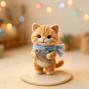 Op de afbeelding: Een handgemaakt oranje tabby kattenbeeldje, met een blauwe sjaal en een grijze vis. De kat staat op een beige vilten cirkel. De achtergrond heeft vage lichten en groen.