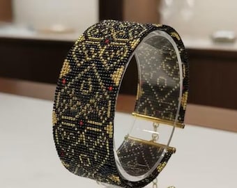 Hand Beaded Loom Black and Gold Bracelet with Magnetic Clasp