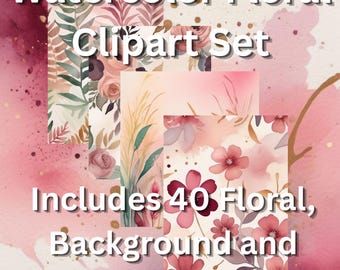 Watercolor Floral Clipart Set — 40 Pastel Flowers, Backgrounds & Companion Elements | Mulberry, Rose and Cream
