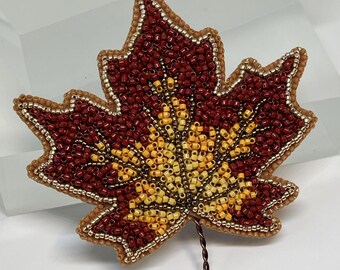 Bead Embroidered Maple Leaf Brooch Pin | Handcrafted Wearable Art