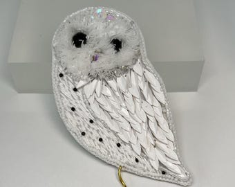 Bead Embroidered Snowy Owl Brooch Pin | Handcrafted Wearable Art