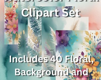 Watercolor Floral Clipart Set — 40 Pastel Flowers, Backgrounds & Companion Elements