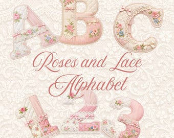 Roses and Lace Alphabet and Number Set (Upper and Lower Case - Common Punctuation) Whimsical Sage Bubble Designs (Digital Download)