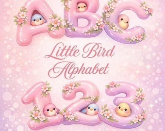 Little Bird Alphabet and Number Set – Whimsical Pink Bubble Designs (Digital Download)