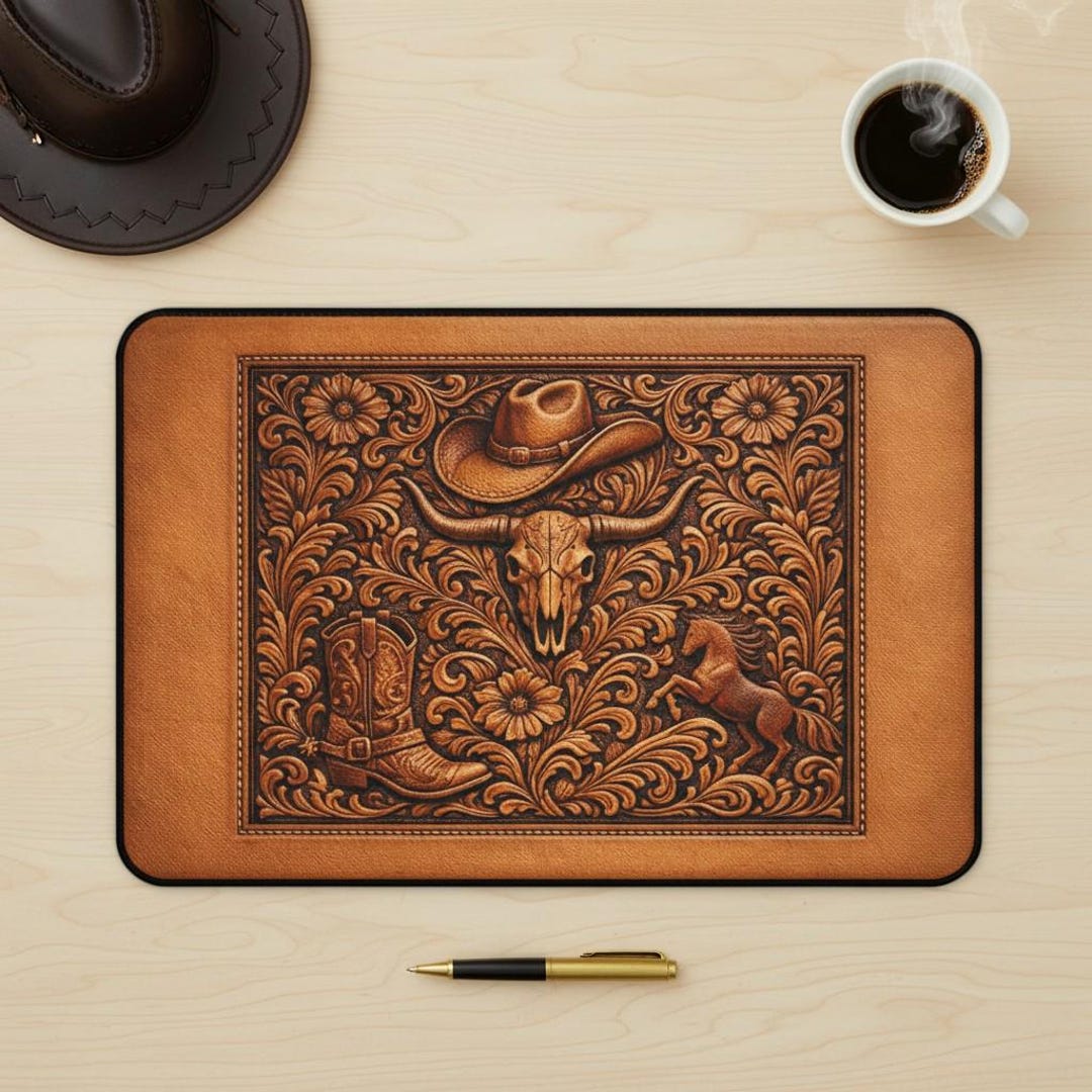 Western Tooled Leather Desk Mat | Cowboy Skull, Boots, Hat Art - Etsy