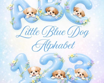 Little Blue Dog Alphabet and Number Set – Whimsical Blue Bubble Designs (Digital Download)