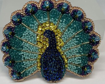 Bead Embroidered Peacock Brooch Pin | Handcrafted Wearable Art
