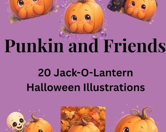 Punkin and Friends | 20 Cute Jack-O-Lantern Halloween Illustrations (Digital Download)