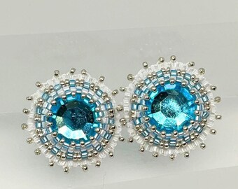 Bead Embroidered Post Earrings | Aqua, White and Silver