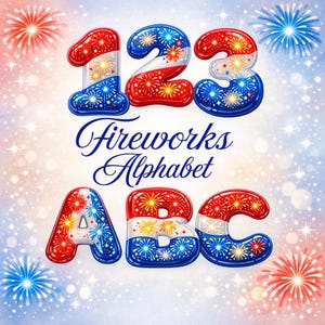 Puede incluir: Una ilustración vibrante presenta los números 1, 2 y 3, y las letras A, B y C, todos diseñados con un tema de fuegos artificiales. El texto "Fireworks Alphabet" está escrito en una elegante escritura. La combinación de colores incluye rojo, blanco y azul.