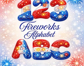 Patriotic Fireworks Alphabet and Number Set (Upper and Lower Case - Common Punctuation) Whimsical Sage Bubble Designs (Digital Download)