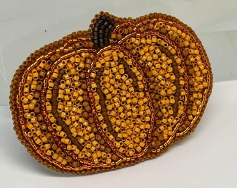 Bead Embroidered Pumpkin Brooch Pin | Handcrafted Wearable Art