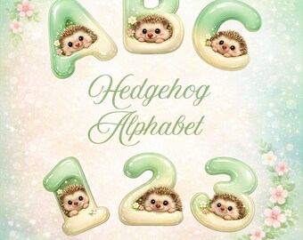 Hedgehog Alphabet and Number Set (Upper and Lower Case - Common Punctuation) Whimsical Sage Bubble Designs (Digital Download)