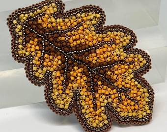 Bead Embroidered Oak Leaf Brooch Pin | Handcrafted Wearable Art