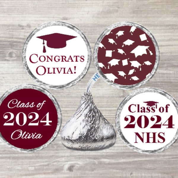 Graduation Class of 2024 Maroon Printed Stickers Chocolate Kiss Favors® Many Colors Available Grad Party Favors Senior Candy Favors