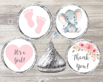 30 Baby Shower It's a Girl Pink Elephant Hershey Candy Nugget Wrappers Stickers 