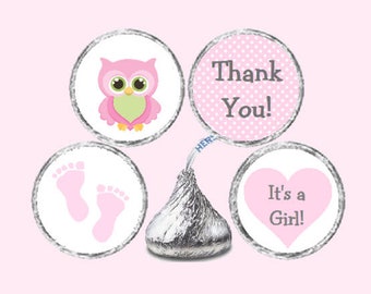 1st Birthday Favors Custom Candy Stickers Pink Owl Kiss Labels Girl Baby Shower Personalized Gray Chevron Baby Sprinkle Woodland