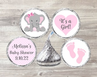 Printed Baby Girl Pink Elephant Candy Kiss® Stickers It's a Girl Chocolate Candy Labels, Kiss Stickers Pink Baby Elephant Shower Favors