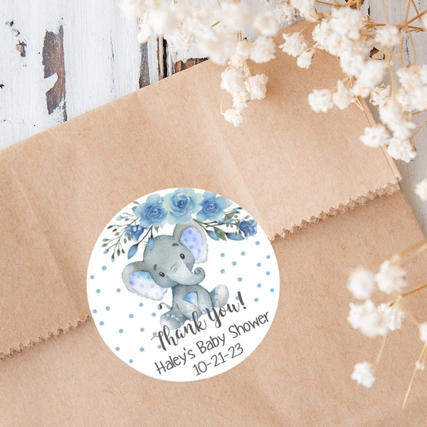 Printed Baby Shower Blue and Gray (Grey) Watercolor Elephant Personalized Round Party Favor Thank You Stickers - Baby Boy Custom Labels