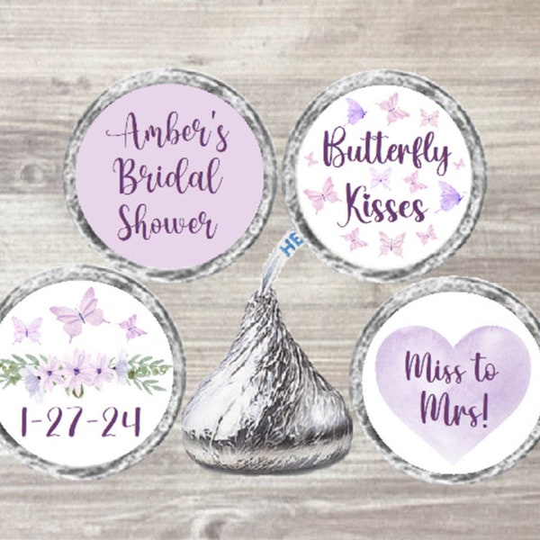 Bridal Shower Purple Butterfly Watercolor Stickers that fit on Chocolate Candy Kisses - Bride to Be Labels for Shower Favors or Guest Gifts