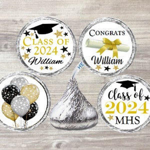 Printed Graduation Class of 2024 Stickers Black Gold Silver Balloons Chocolate Kiss Favors® - Senior Grad Party Favors Cap Candy Favors