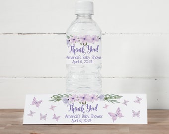 Butterfly Baby Shower Purple Lavender Watercolor Water Bottle Labels Personalized Baby Girl Stickers Party Favors