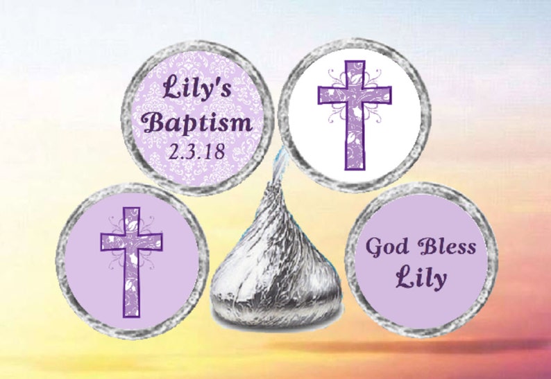 Purple Lavender Damask 108 Glossy or Matte Candy Kiss Stickers\u00ae Baptism Christening Baby Dedication First Communion Stickers Party Favors