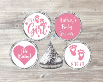 Printed Baby Shower Pink It's a Girl Stickers for Candy Kisses, Personalized Gender Reveal Chocolate Labels Party Favors ot Thank You Gifts