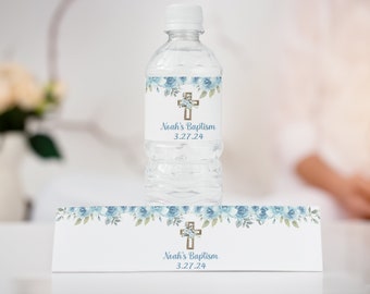 Baptism Blue Cross Water Bottle Labels, Personalized and Printed For First Communion, Confirmation, Christenings or Baby Dedications Party